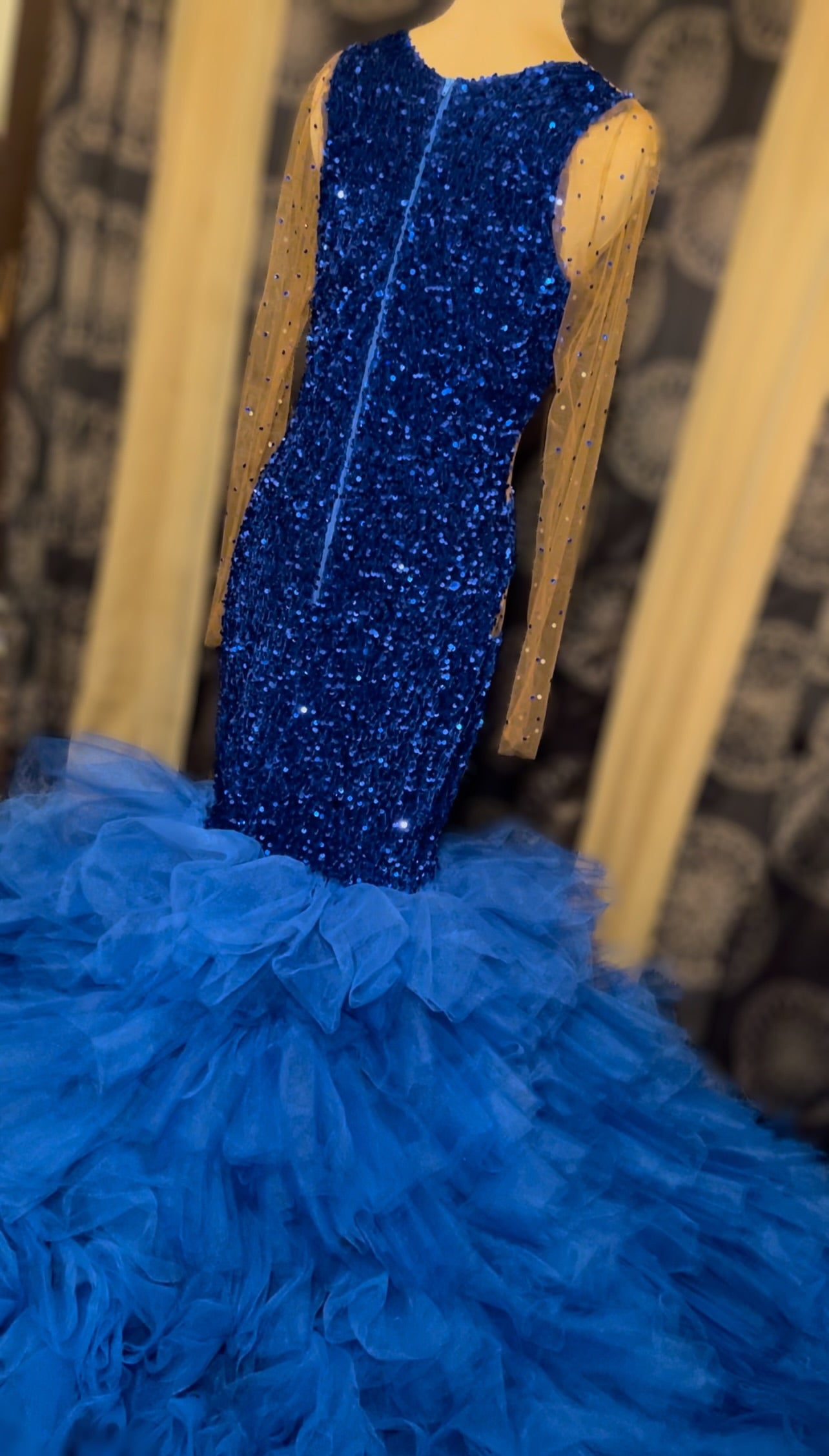 Blue Velvet Sequin Ruffle Gown