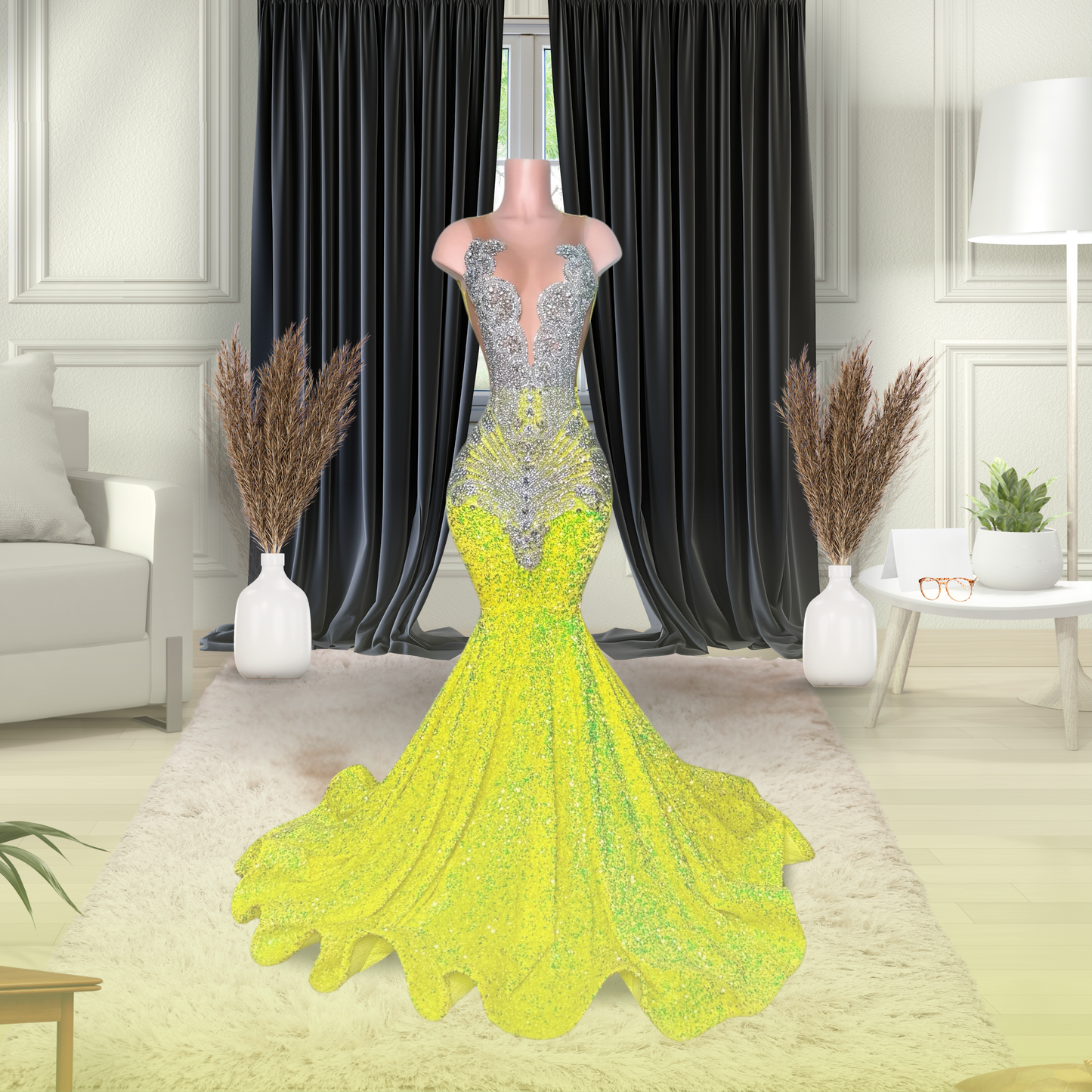 Yellow Velvet Sequin Mermaid Dress