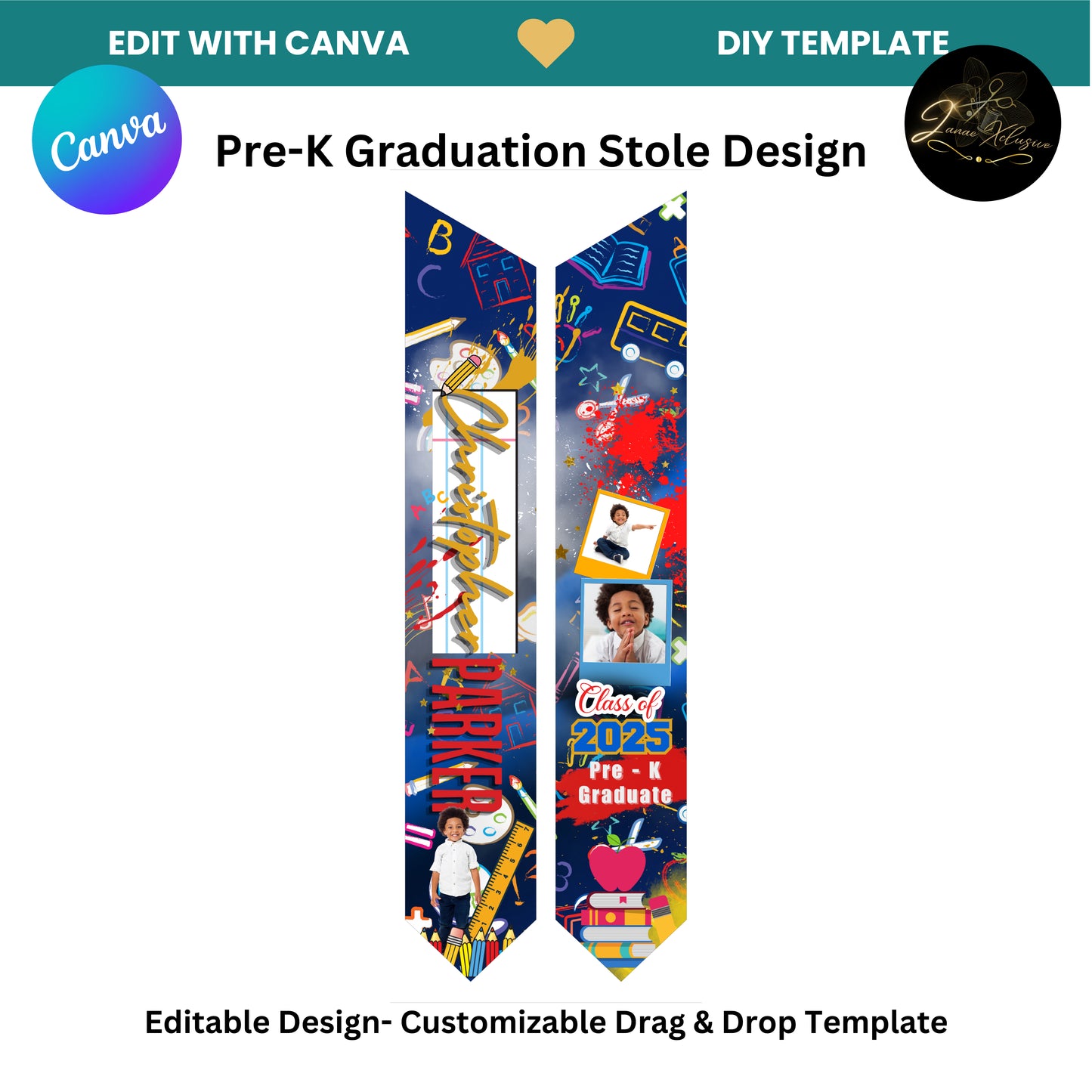 Pre-K Graduation Stole & Cap Topper Template (2025)