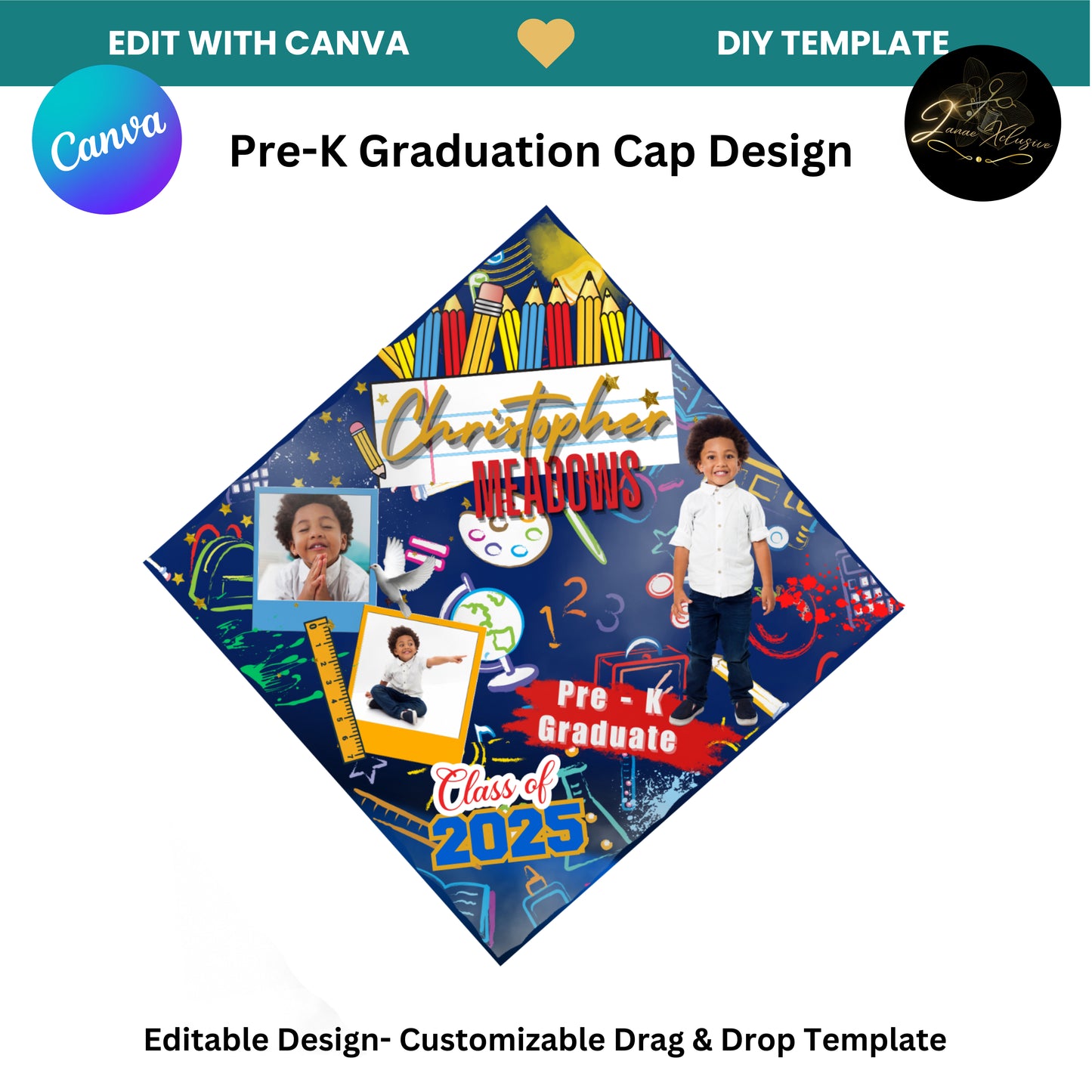 Pre-K Graduation Stole & Cap Topper Template (2025)