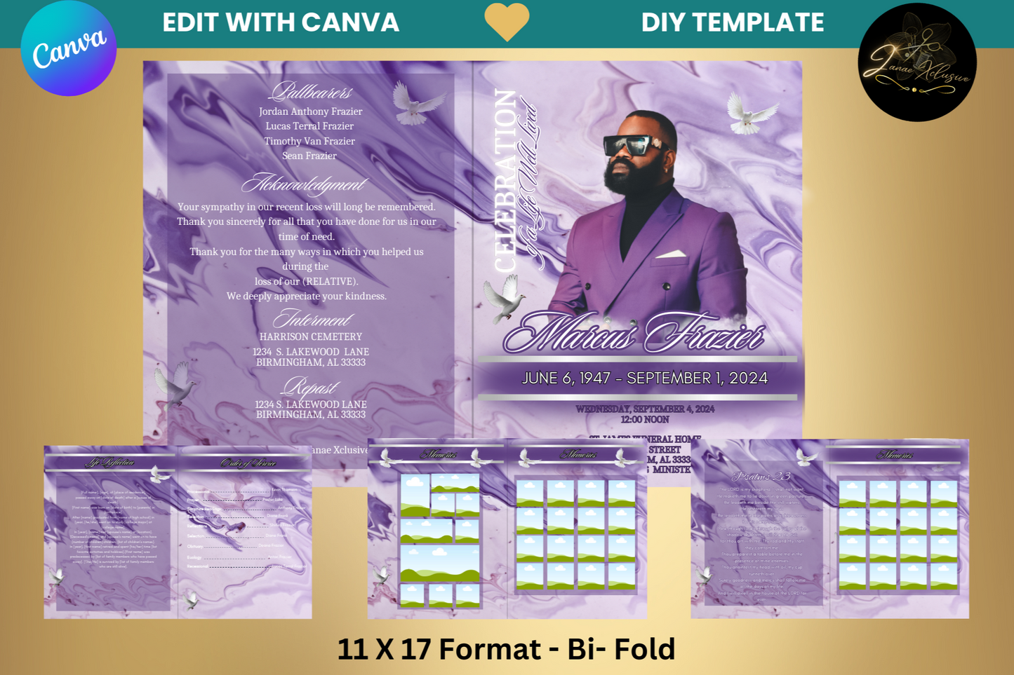 Lavender Obituary Program Template| 8.5" X 11"