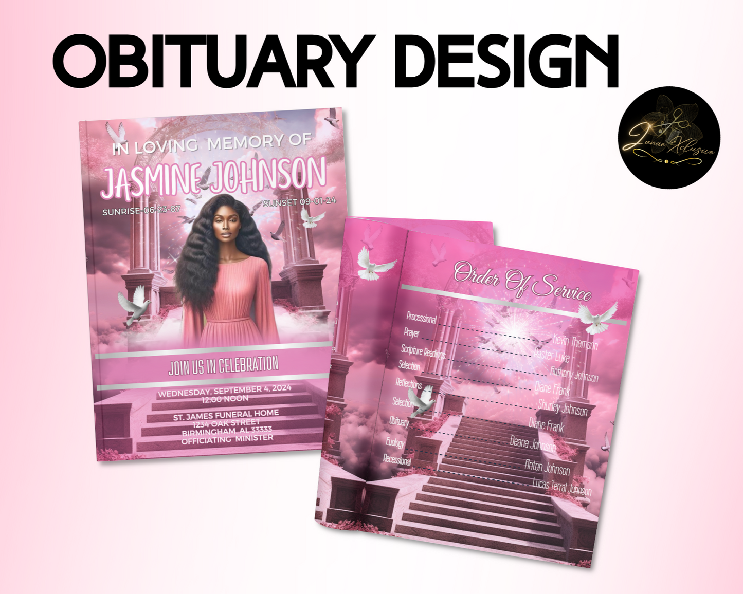 Pink Obituary Program Template| 8.5" X 11"