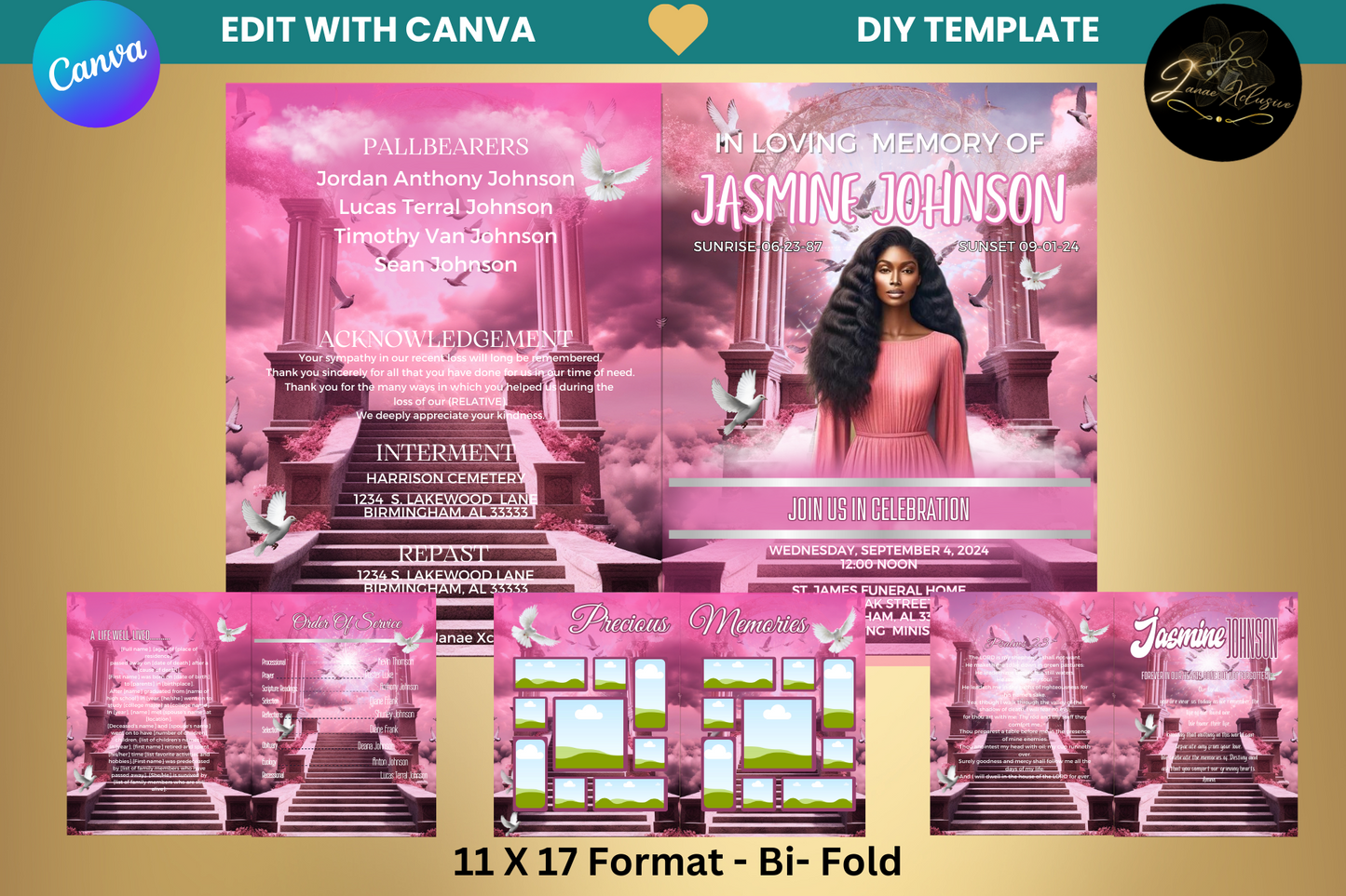 Pink Obituary Program Template| 8.5" X 11"