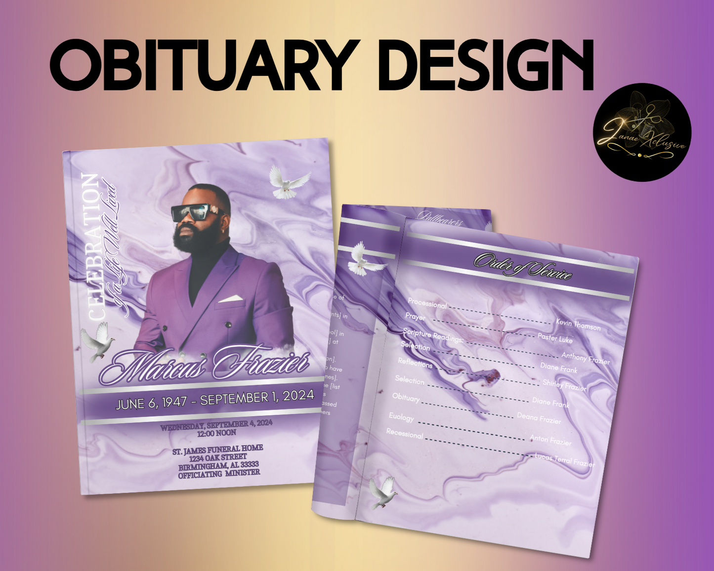 Lavender Obituary Program Template| 8.5" X 11"