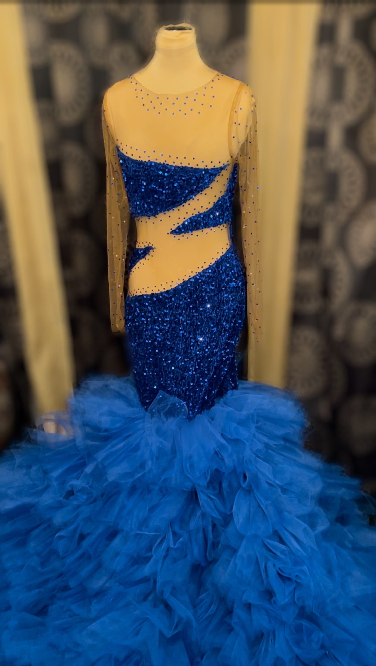 Blue Velvet Sequin Ruffle Gown