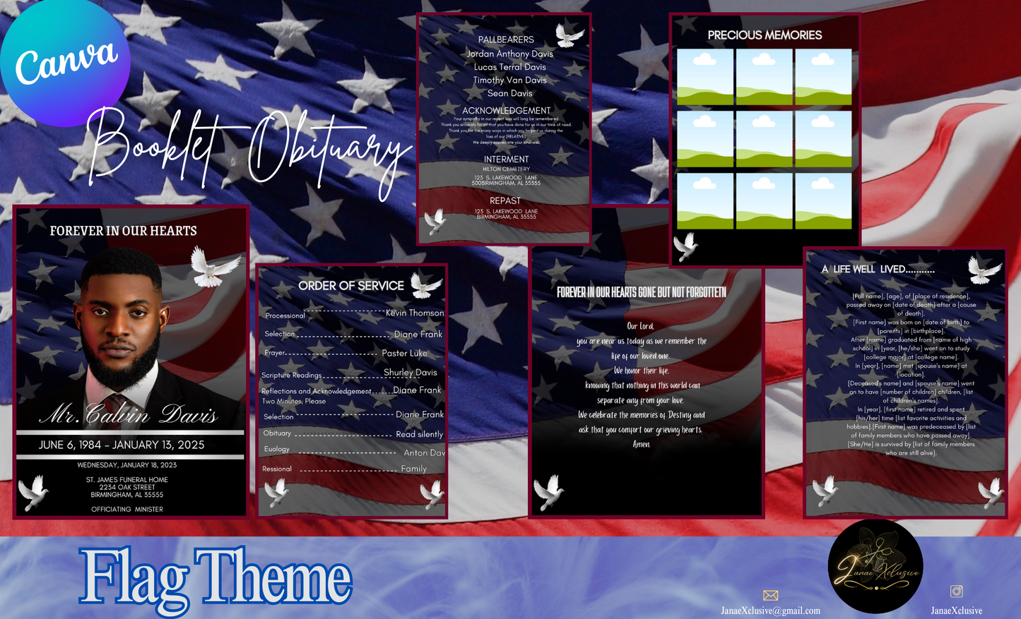 Flag Obituary Program Template| 8.5" X 11"