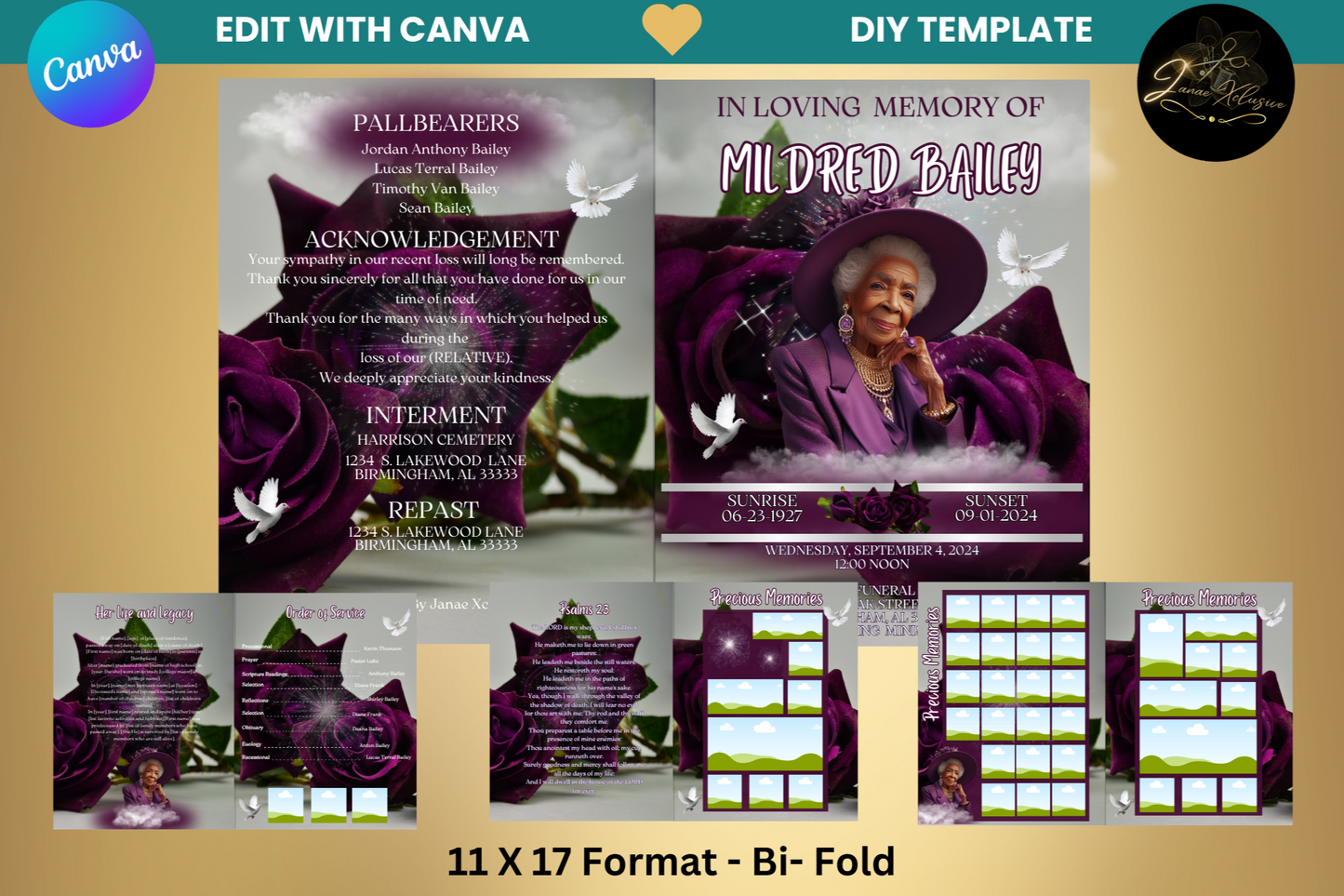 Plum Obituary Program Template| 8.5" X 11"