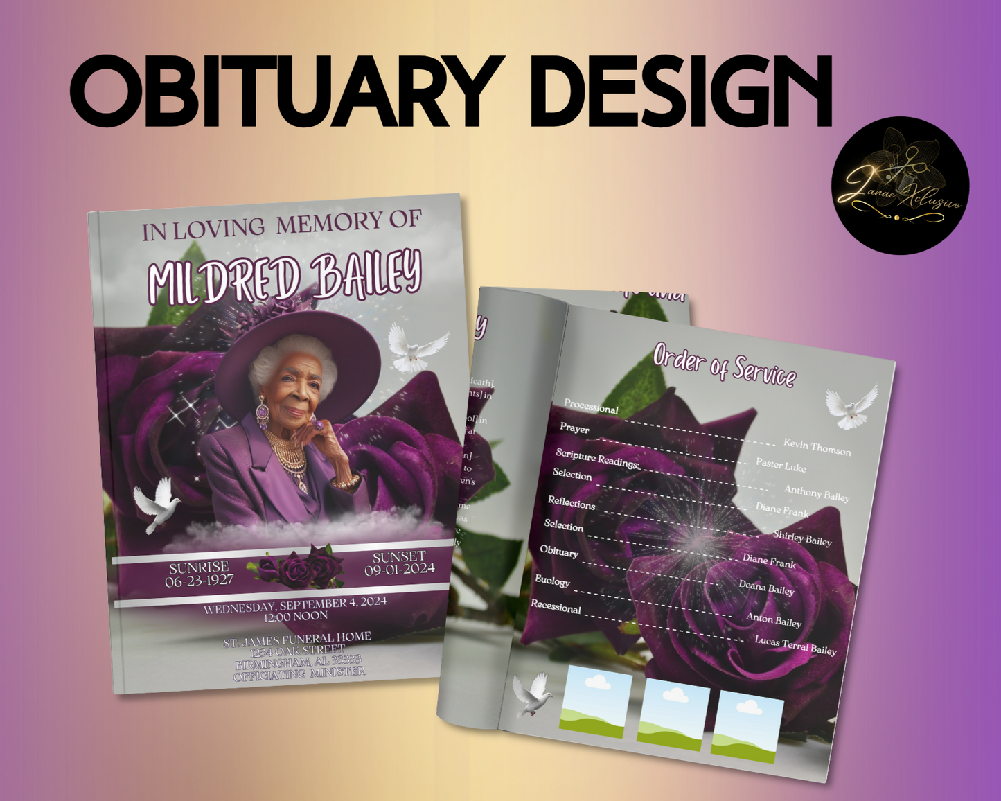 Plum Obituary Program Template| 8.5" X 11"