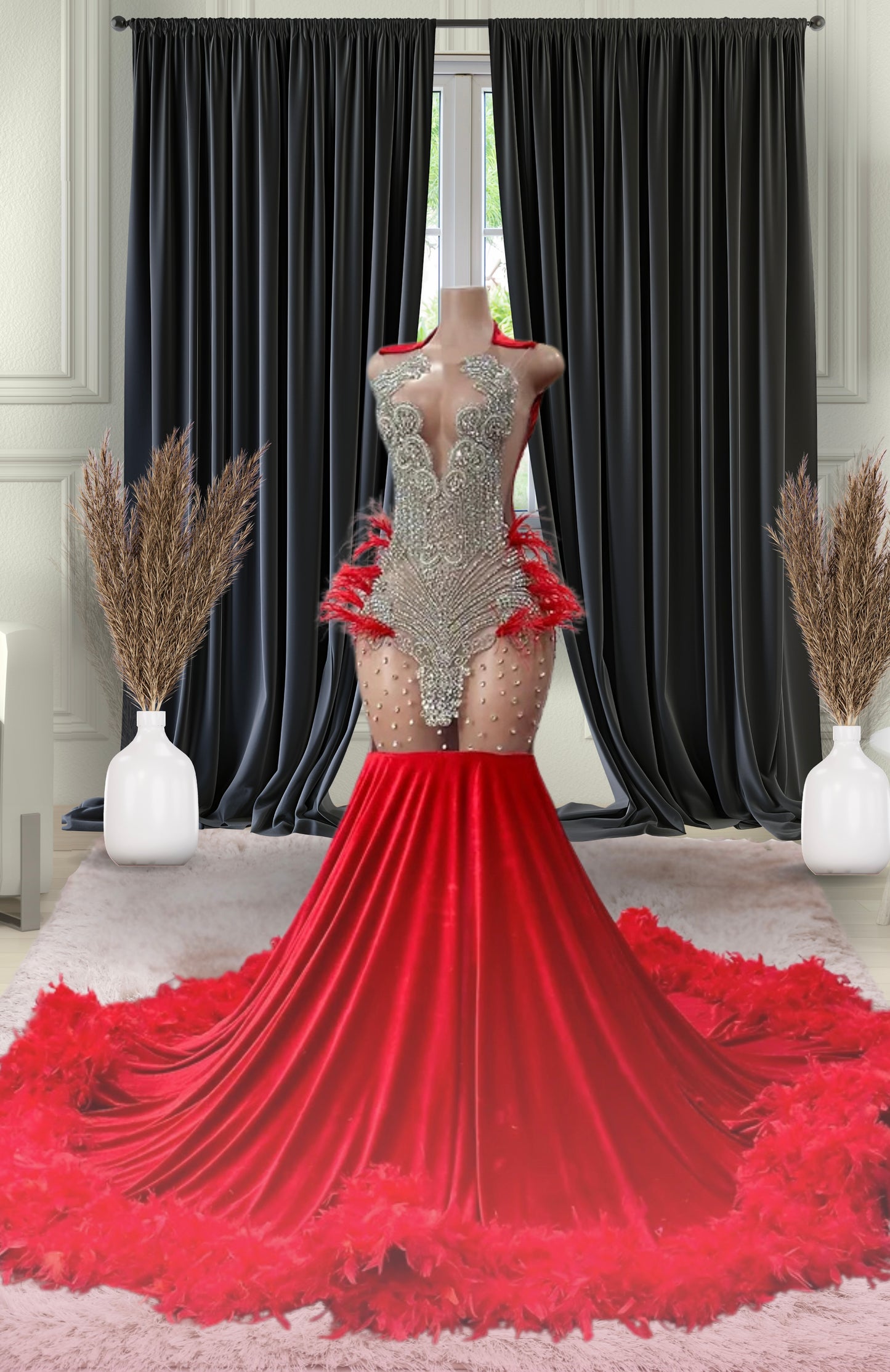 Velvet Mermaid Gown w/Appliqué & tulle trim