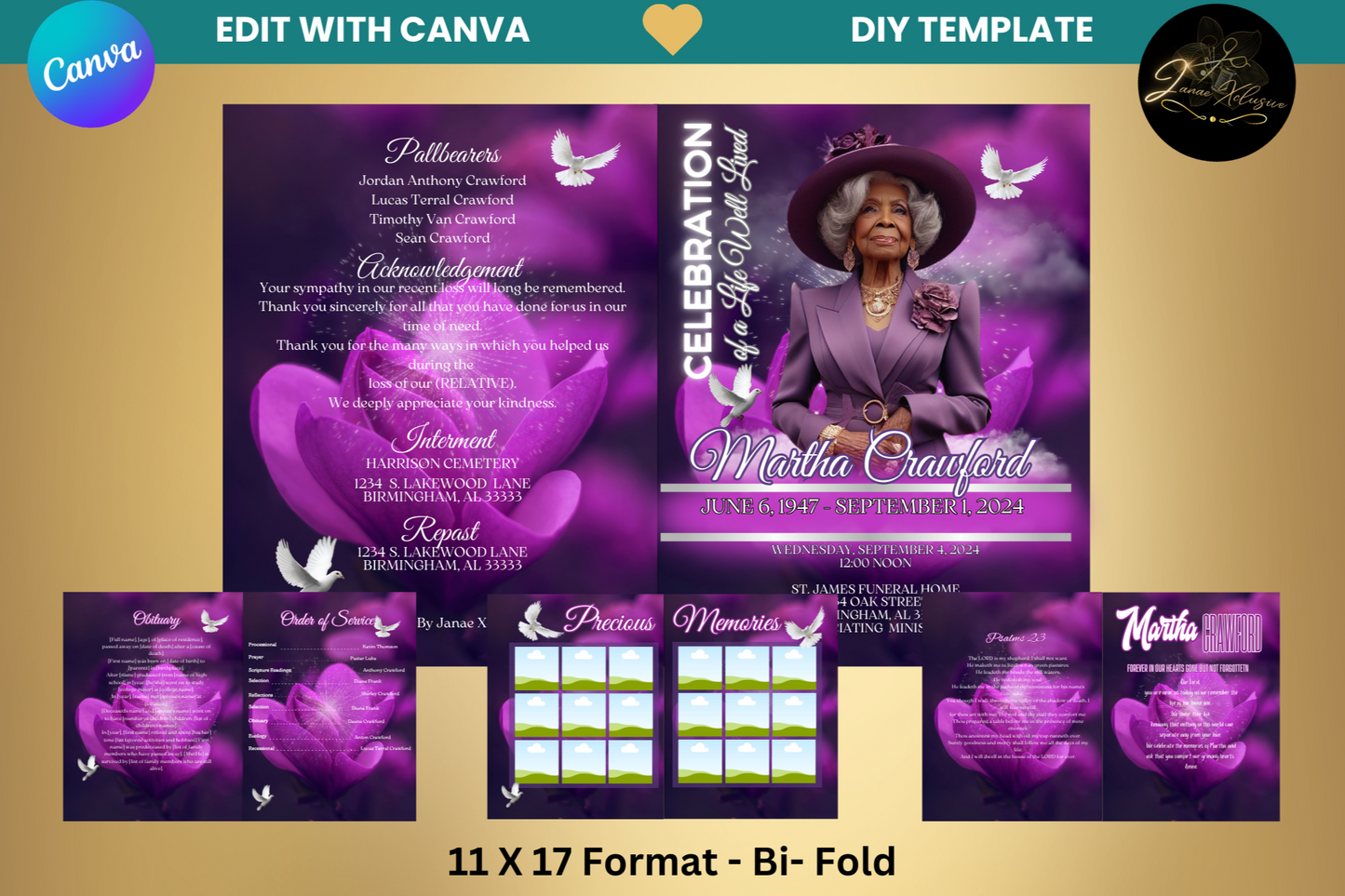 Purple Flower Obituary Program Template| 8.5" X 11"