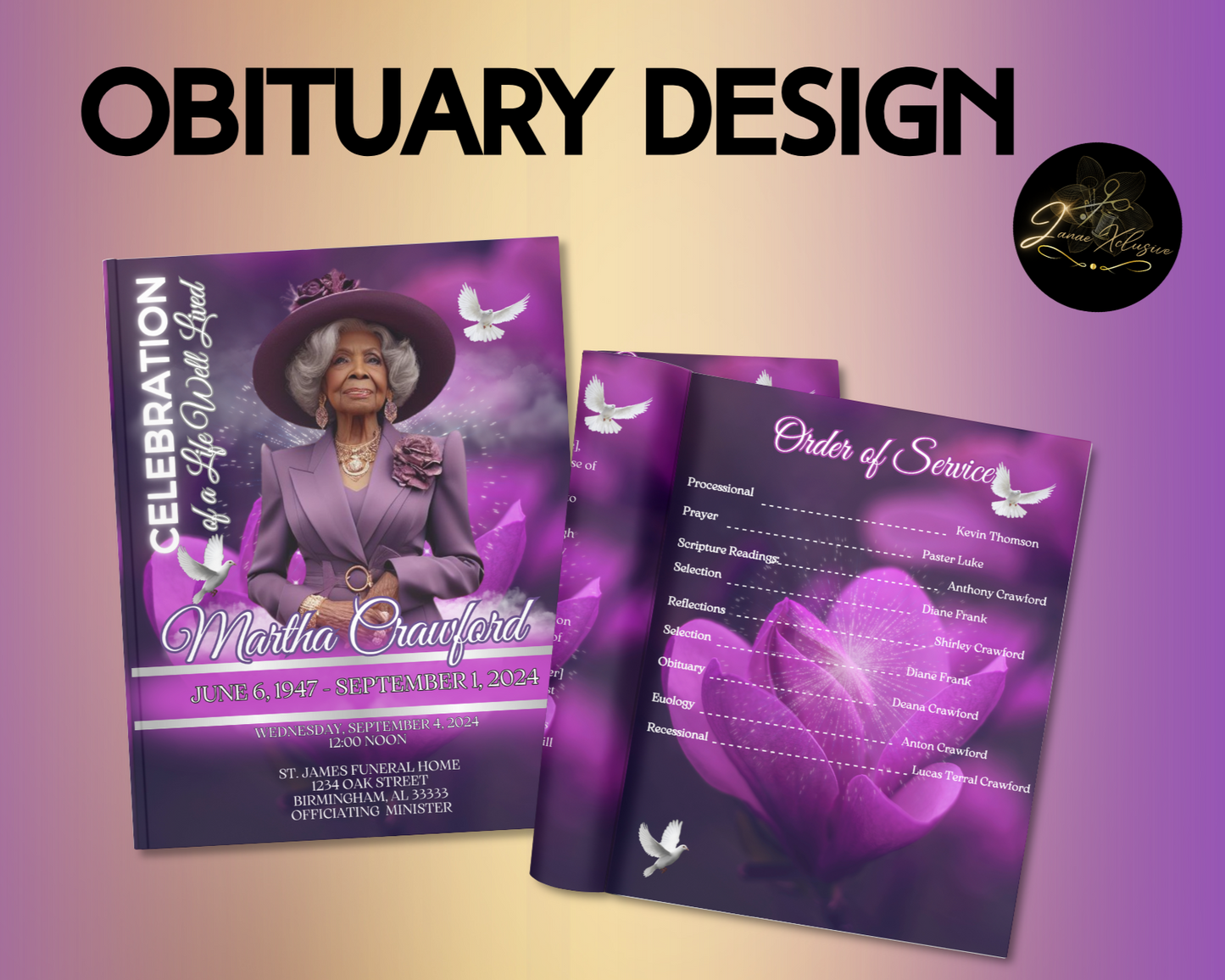 Purple Flower Obituary Program Template| 8.5" X 11"