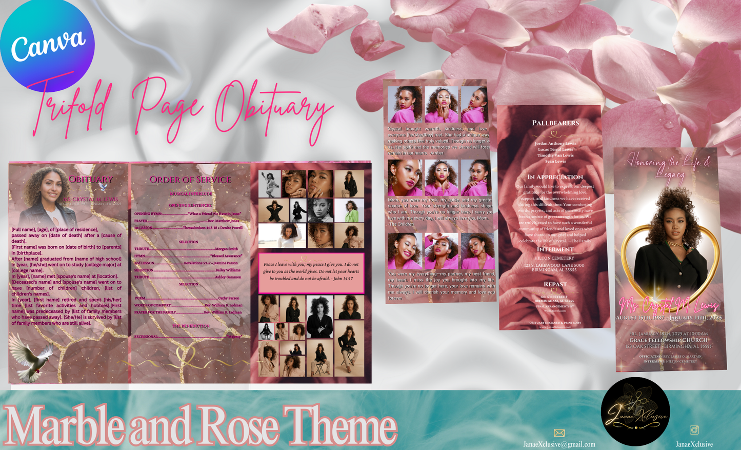 Pink Rose Obituary Program Template| Trifold