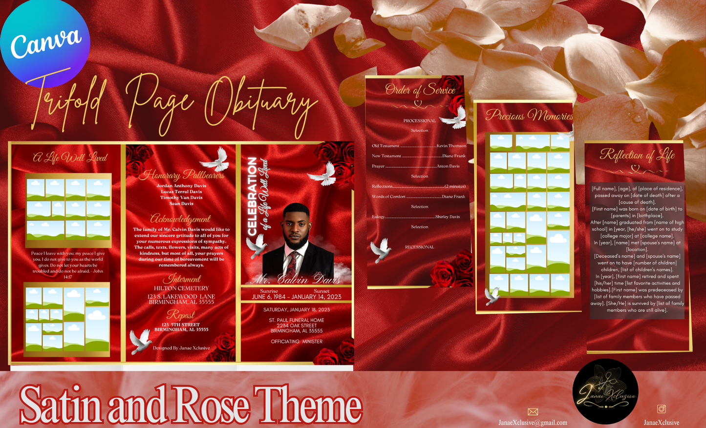 Red Satin Obituary Program Template| Trifold