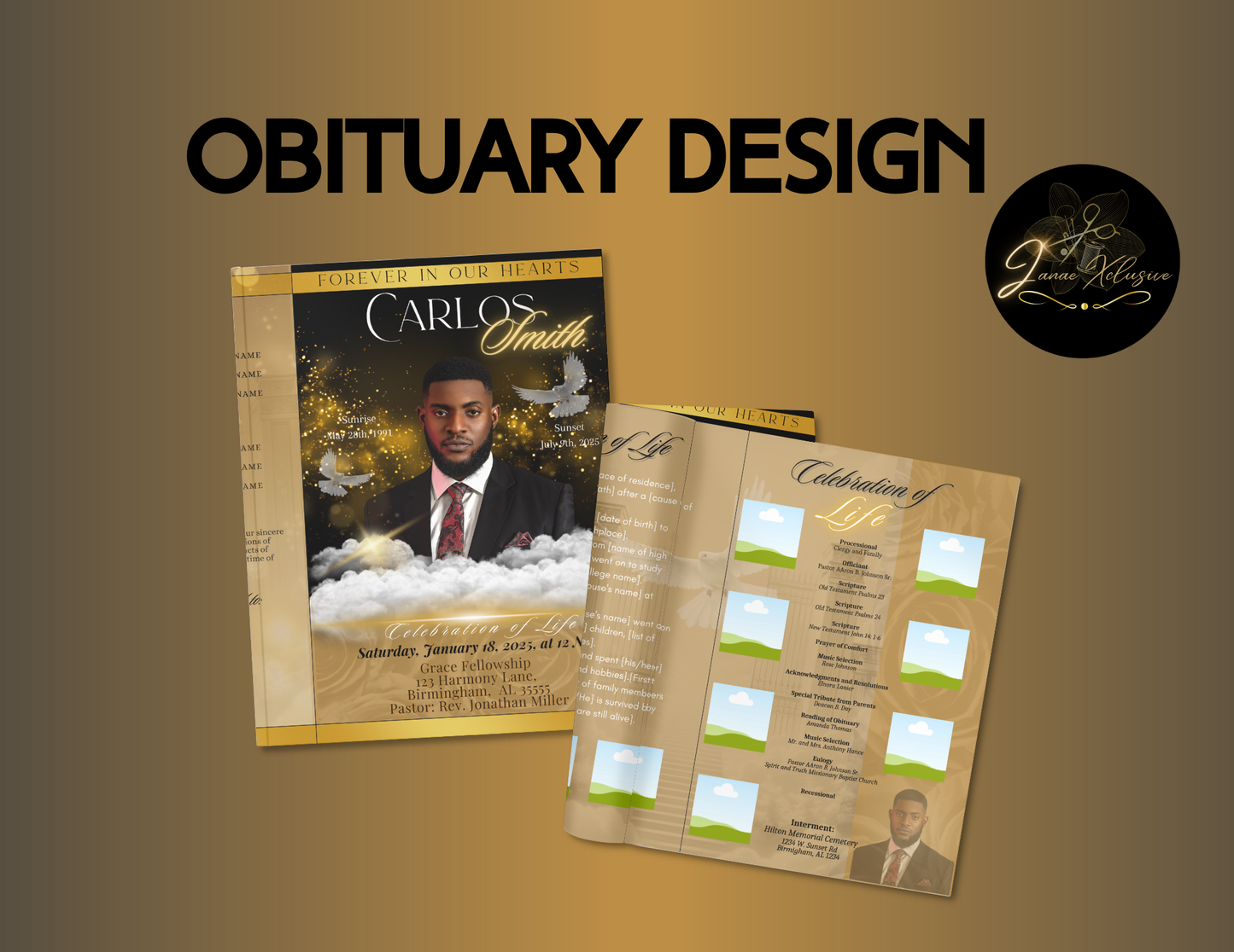 Gold Obituary Program Template| 8.5" X 11"