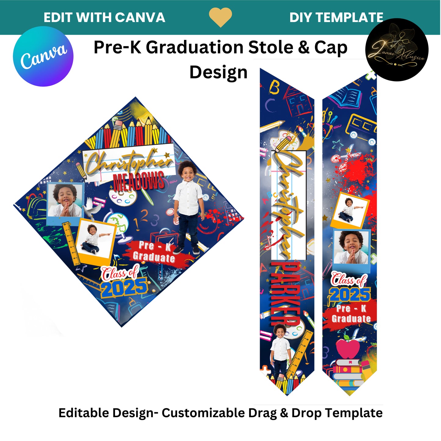Pre-K Graduation Stole & Cap Topper Template (2025)