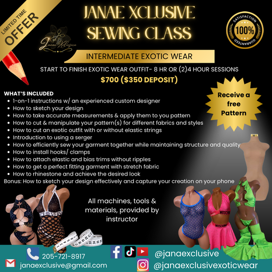 1-on-1 Exotic Wear Sewing Class DEPOSIT ONLY